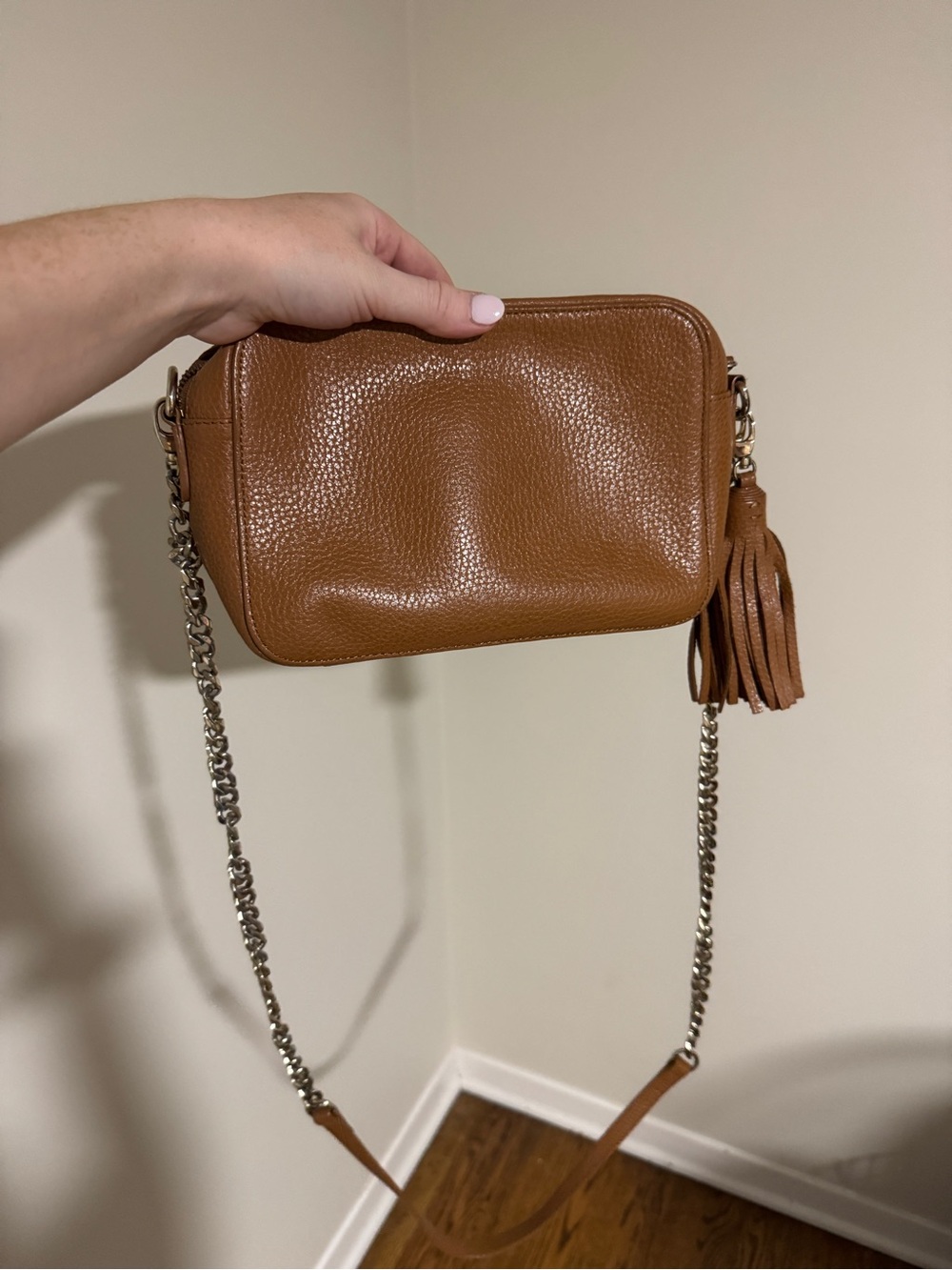 Classic Tan Leather Crossbody Bag with Tassel